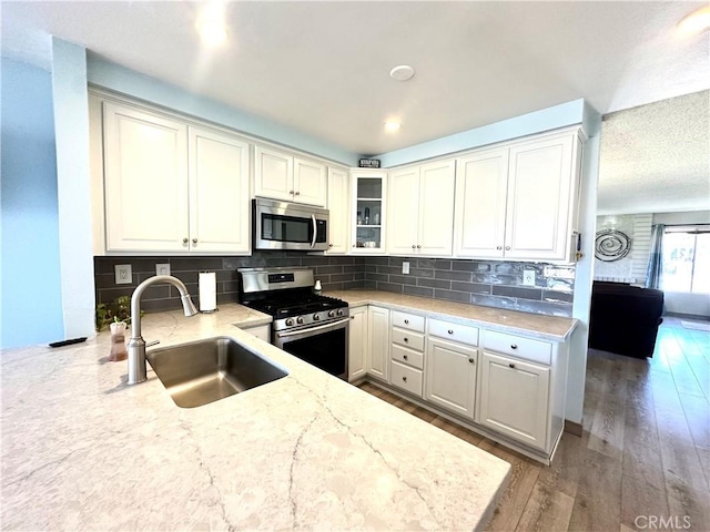 kitchen with decorative backsplash, appliances with stainless steel finishes, light wood-style floors, a sink, and light stone countertops