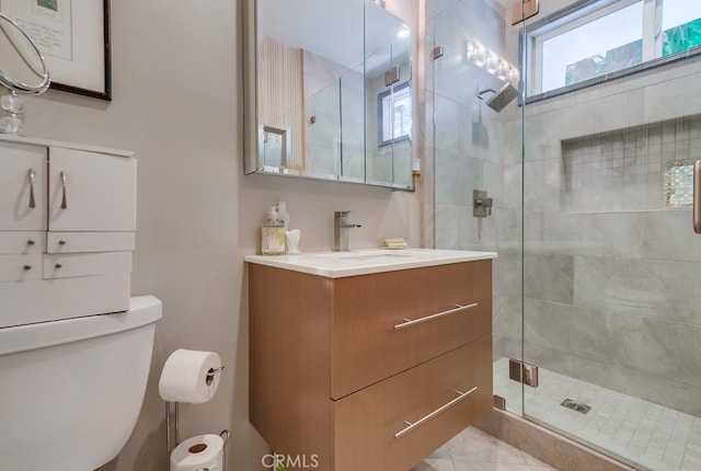 bathroom featuring toilet, a stall shower, and vanity