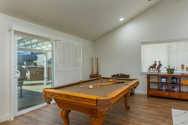 playroom with recessed lighting, pool table, vaulted ceiling, wood finished floors, and baseboards