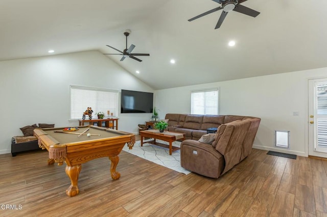 playroom featuring high vaulted ceiling, light wood-style flooring, pool table, a ceiling fan, and baseboards