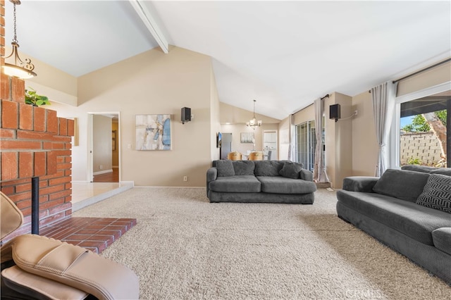 living area with carpet floors, beam ceiling, a fireplace, and high vaulted ceiling