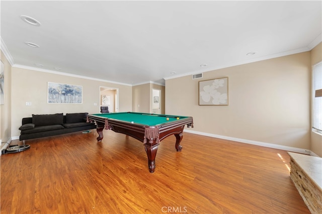 game room with light wood-style flooring, billiards, visible vents, and ornamental molding