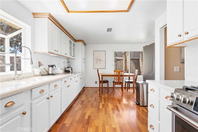 kitchen with glass insert cabinets, light countertops, stainless steel range oven, white cabinetry, and a sink