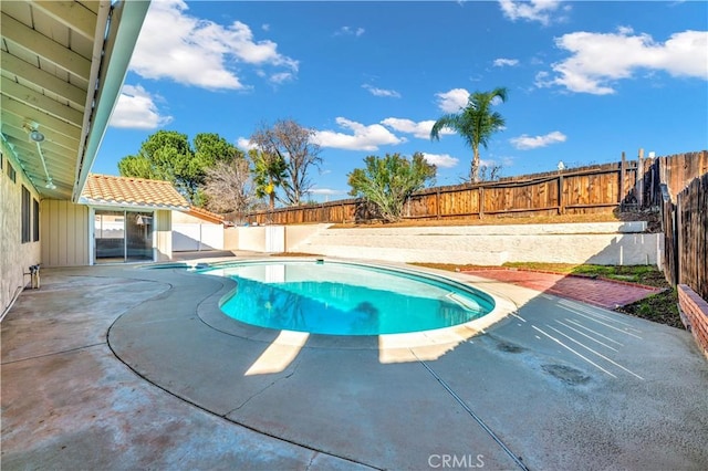 view of swimming pool featuring a patio area, a fenced backyard, and a fenced in pool