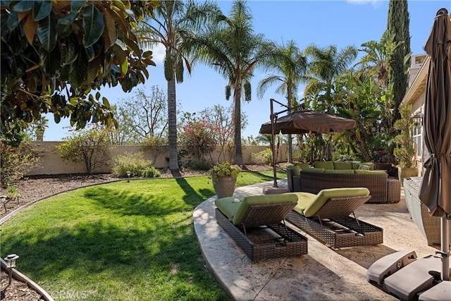 view of yard with an outdoor hangout area, a patio, and a fenced backyard