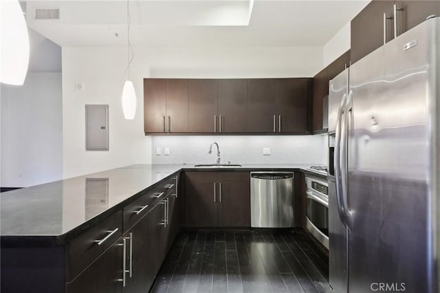 kitchen featuring dark wood-style flooring, appliances with stainless steel finishes, a sink, electric panel, and a peninsula