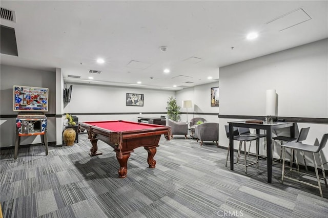 playroom with billiards, carpet flooring, recessed lighting, and visible vents