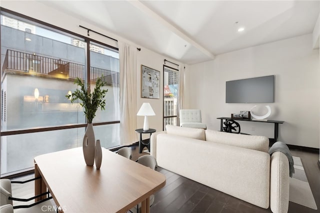 living room with recessed lighting and wood finished floors