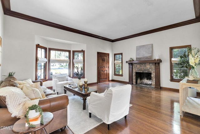 living room featuring dark wood-style floors, a fireplace with flush hearth, baseboards, and crown molding