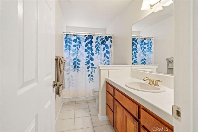 full bathroom with toilet, a shower with shower curtain, vanity, and tile patterned floors