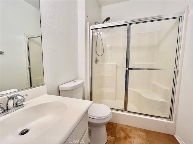 full bath featuring a shower stall, toilet, and vanity