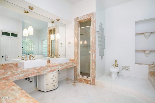 bathroom featuring a bidet, a sink, visible vents, and a shower stall