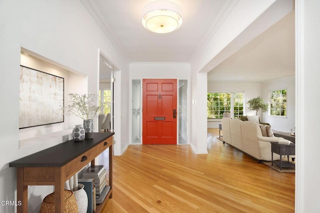 entrance foyer featuring light wood-style floors, baseboards, and ornamental molding