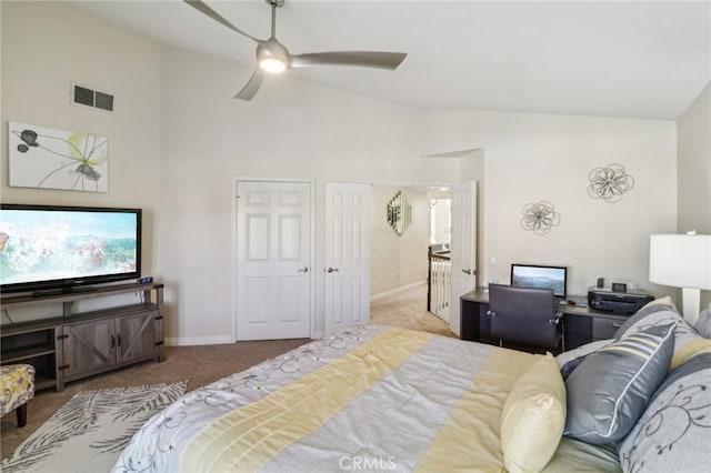 bedroom with high vaulted ceiling, a ceiling fan, visible vents, baseboards, and carpet