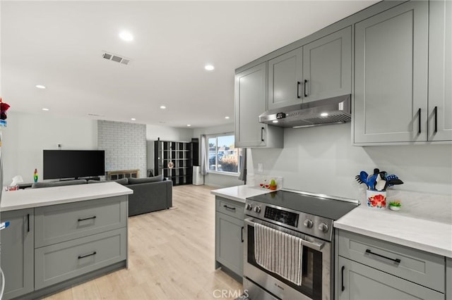 kitchen featuring light countertops, visible vents, gray cabinetry, stainless steel range with electric cooktop, and under cabinet range hood