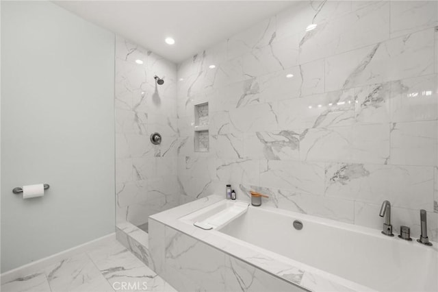 full bath featuring a marble finish shower, baseboards, a garden tub, marble finish floor, and recessed lighting