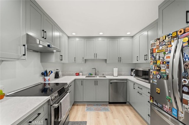 kitchen featuring stainless steel appliances, gray cabinets, a sink, and under cabinet range hood