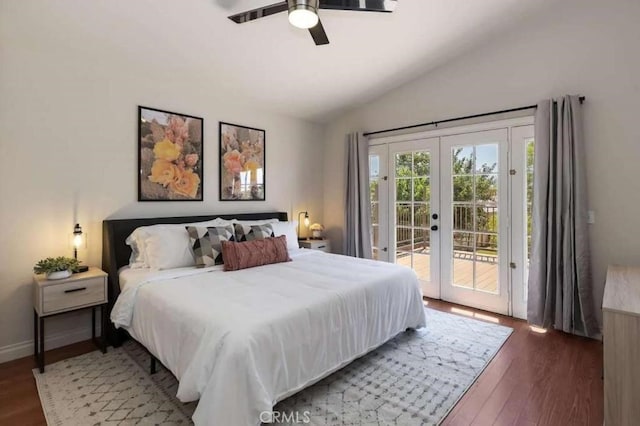 bedroom with access to exterior, lofted ceiling, french doors, and dark wood-style flooring