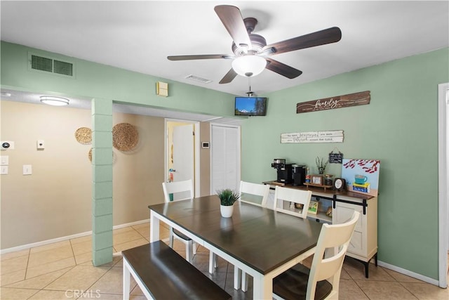 dining area with light tile patterned floors, baseboards, visible vents, and a ceiling fan