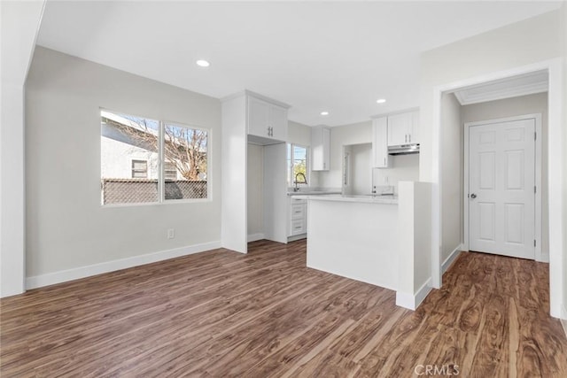 kitchen featuring light countertops, dark wood finished floors, baseboards, and white cabinetry