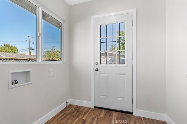 entryway featuring dark wood-type flooring, a wealth of natural light, and baseboards