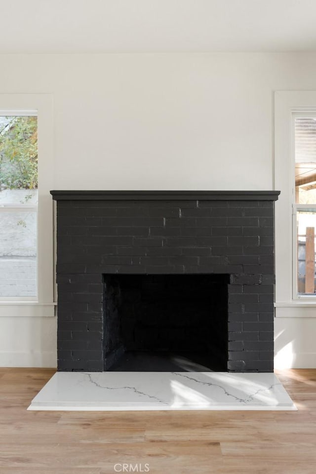 details featuring a fireplace with flush hearth and wood finished floors