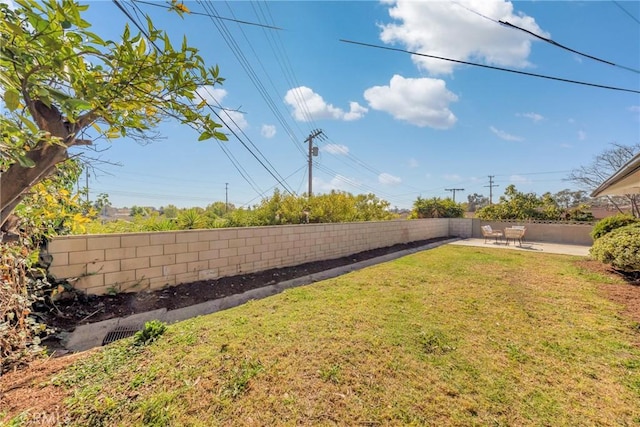 view of yard with a fenced backyard and a patio