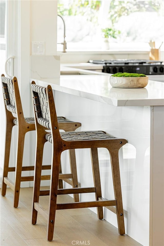 interior space with light countertops and a kitchen breakfast bar