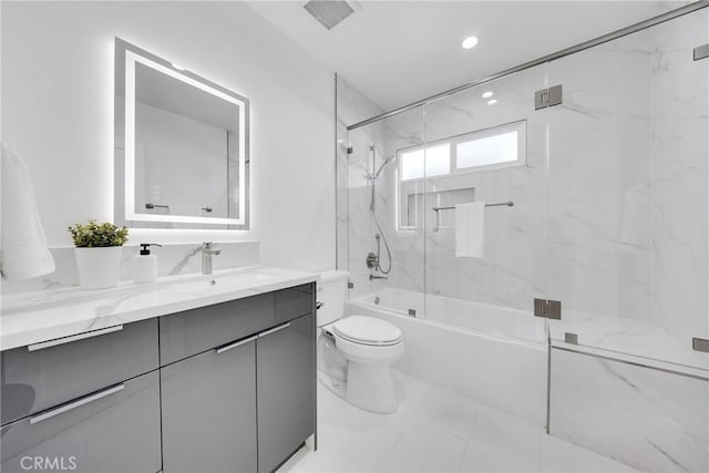 bathroom with shower / bath combination with glass door, recessed lighting, visible vents, toilet, and vanity