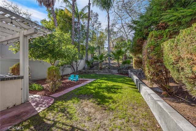 view of yard featuring a fenced backyard and a pergola