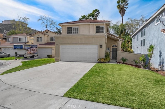 mediterranean / spanish-style house with a garage, concrete driveway, a tile roof, fence, and stucco siding