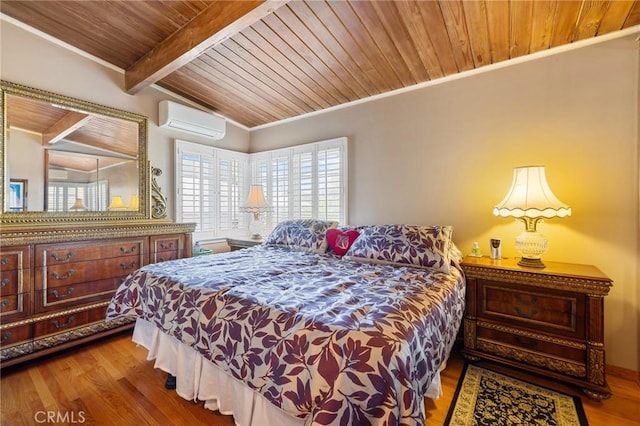 bedroom with a wall mounted AC, wooden ceiling, wood finished floors, and crown molding