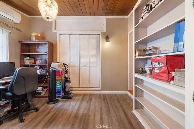 office area with baseboards, wood ceiling, wood finished floors, a notable chandelier, and a wall mounted AC