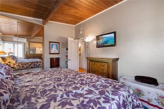 bedroom with wood ceiling and beam ceiling