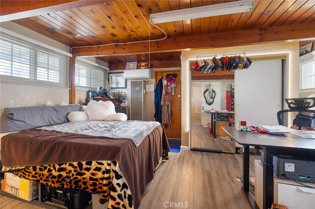 bedroom with light wood finished floors, wood ceiling, and beam ceiling