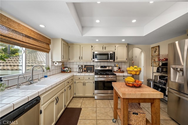 kitchen with tasteful backsplash, a tray ceiling, stainless steel appliances, and a sink