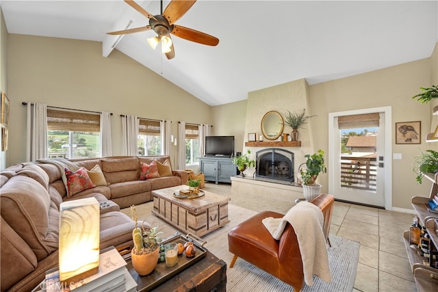 250 Stagecoach Rd, Arroyo Grande, CA 93420 - living room with beam ceiling, ceiling fan, high vaulted ceiling, a fireplace, and light tile patterned floors