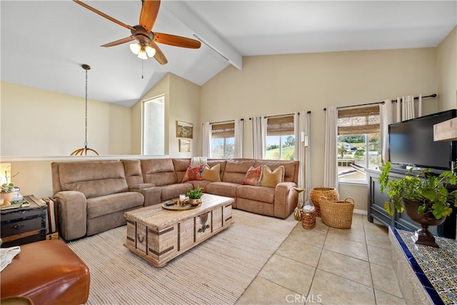 living room featuring vaulted ceiling with beams, light tile patterned flooring, and a ceiling fan