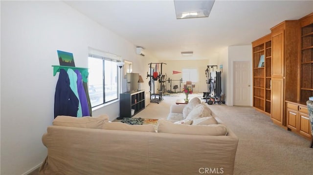 living area featuring light colored carpet