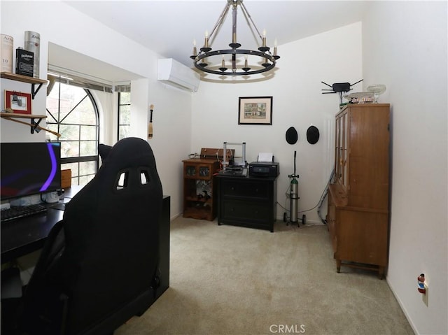 office space featuring a wall unit AC, a chandelier, and carpet flooring