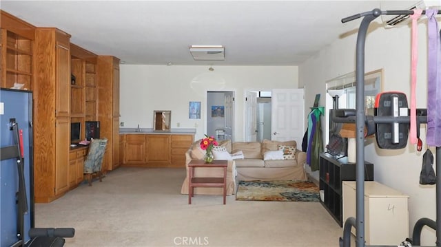 living area with light colored carpet