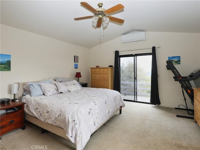 bedroom with light colored carpet, lofted ceiling, ceiling fan, access to exterior, and a wall mounted AC