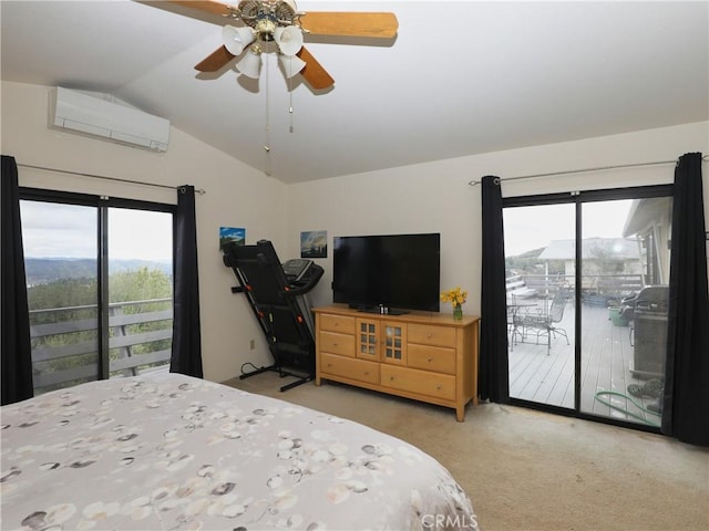 bedroom with lofted ceiling, access to outside, multiple windows, and an AC wall unit