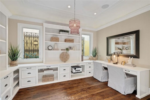 interior space with ornamental molding, dark wood-type flooring, and built in study area