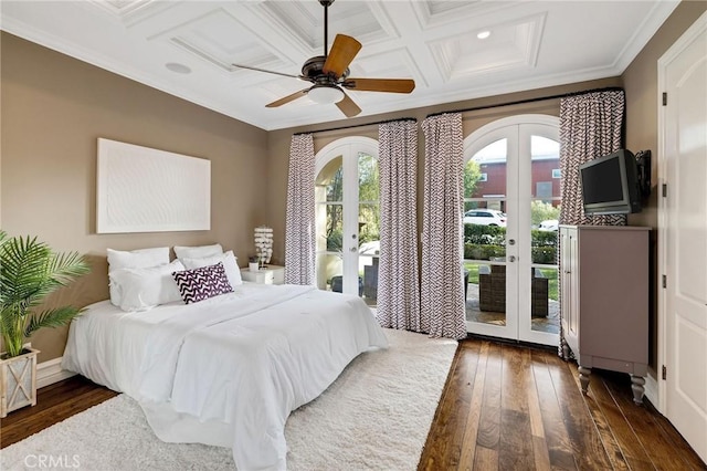 bedroom with access to outside, french doors, coffered ceiling, and crown molding