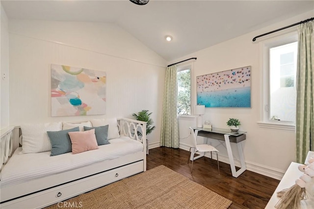 interior space featuring vaulted ceiling, baseboards, and wood finished floors