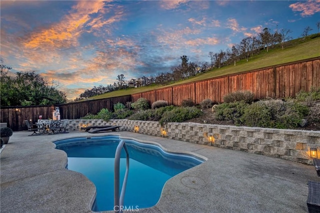 pool at dusk featuring a patio area, a fenced backyard, and a fenced in pool