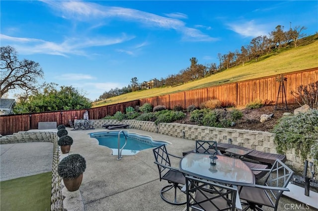 view of swimming pool featuring a fenced in pool, outdoor dining area, a patio area, and a fenced backyard