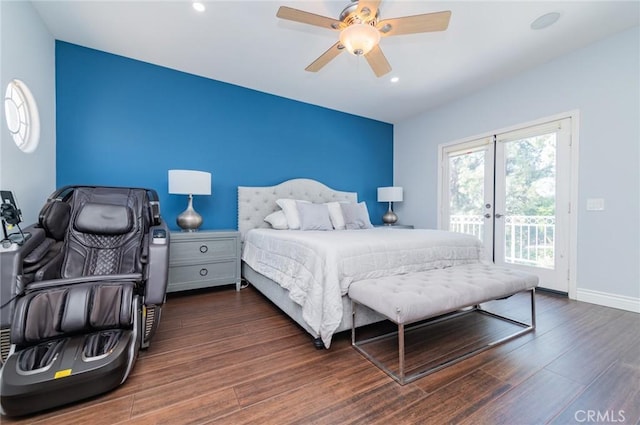 bedroom featuring dark wood-style floors, access to outside, baseboards, and a ceiling fan