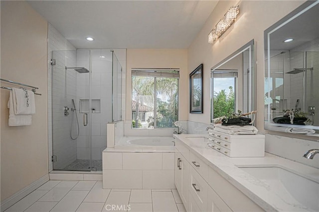 full bathroom with a garden tub, tile patterned flooring, a sink, double vanity, and a stall shower